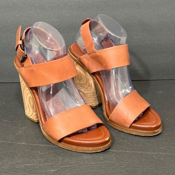 VINCE Haley Heels Women's 9.5 Chunky Block Wood Leather Open Toe Sandals Brown - Picture 1 of 11